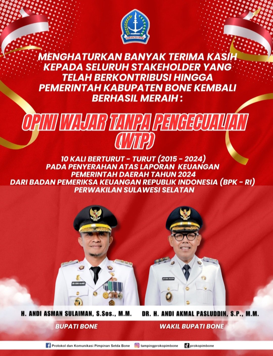 Bone Raih Penghargaan Opini WTP Yang ke 10 Kalinya, Bupati Andi Asman: Ini Prestasi dan Keberhasilan Kita Semua