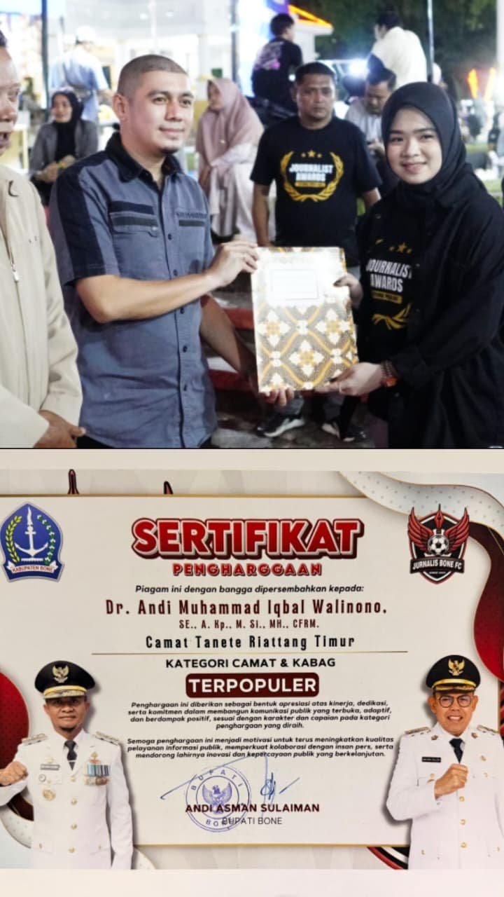 Dedikasi dan Inovasi: Camat Tanete Riattang Timur Raih Penghargaan Camat Terpopuler di Journalism Awards 2026