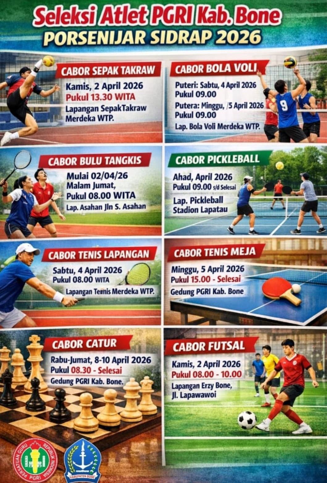 Sidrap Jadi Tuan Rumah Hut PGRI, Bone Siap Gelar Seleksi Atlet, berikut Jadwal dan ketentuannya.