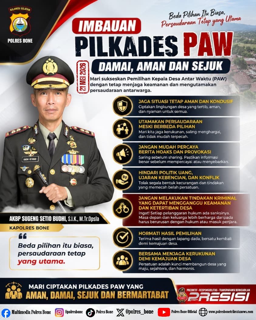 Jelang Pilkades PAW 2026, Kapolres Bone Ajak Masyarakat Jaga Kedamaian dan Tolak Hoaks