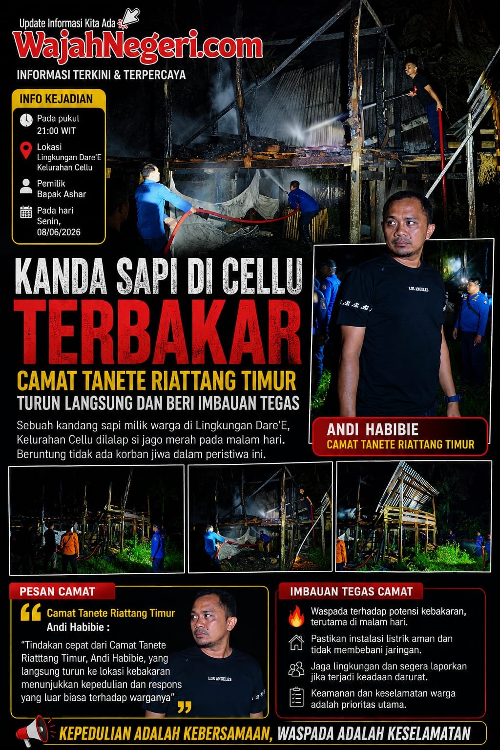 Kandang Sapi di Cellu Terbakar, Camat Tanete Riattang Timur Turun Langsung dan Beri Imbauan Tegas