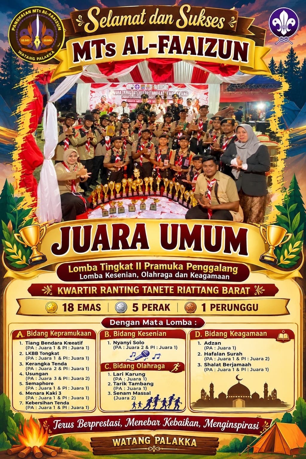 MTs AL- FAAIZUN Watang Palakka Juara Umum, Raih Juara Terbanyak di Perkemahan Pramuka Penggalang Tingkat II Kwartir Ranting Tanete Riattang Barat